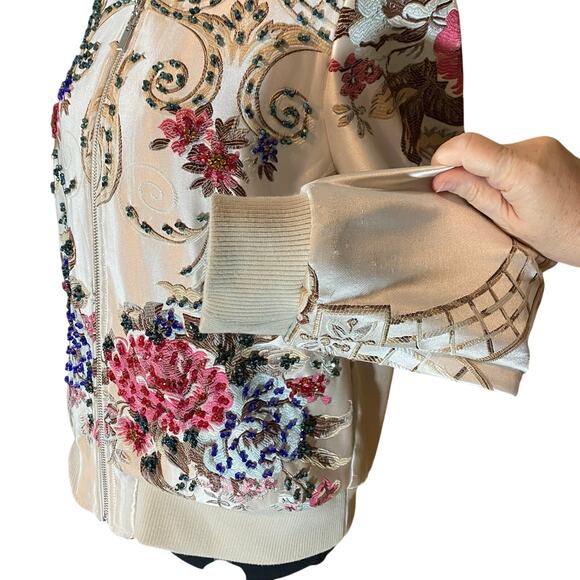 OO LALA Satin Floral Embroidered Bomber Jacket Beaded Medium Statement - Picture 8 of 10